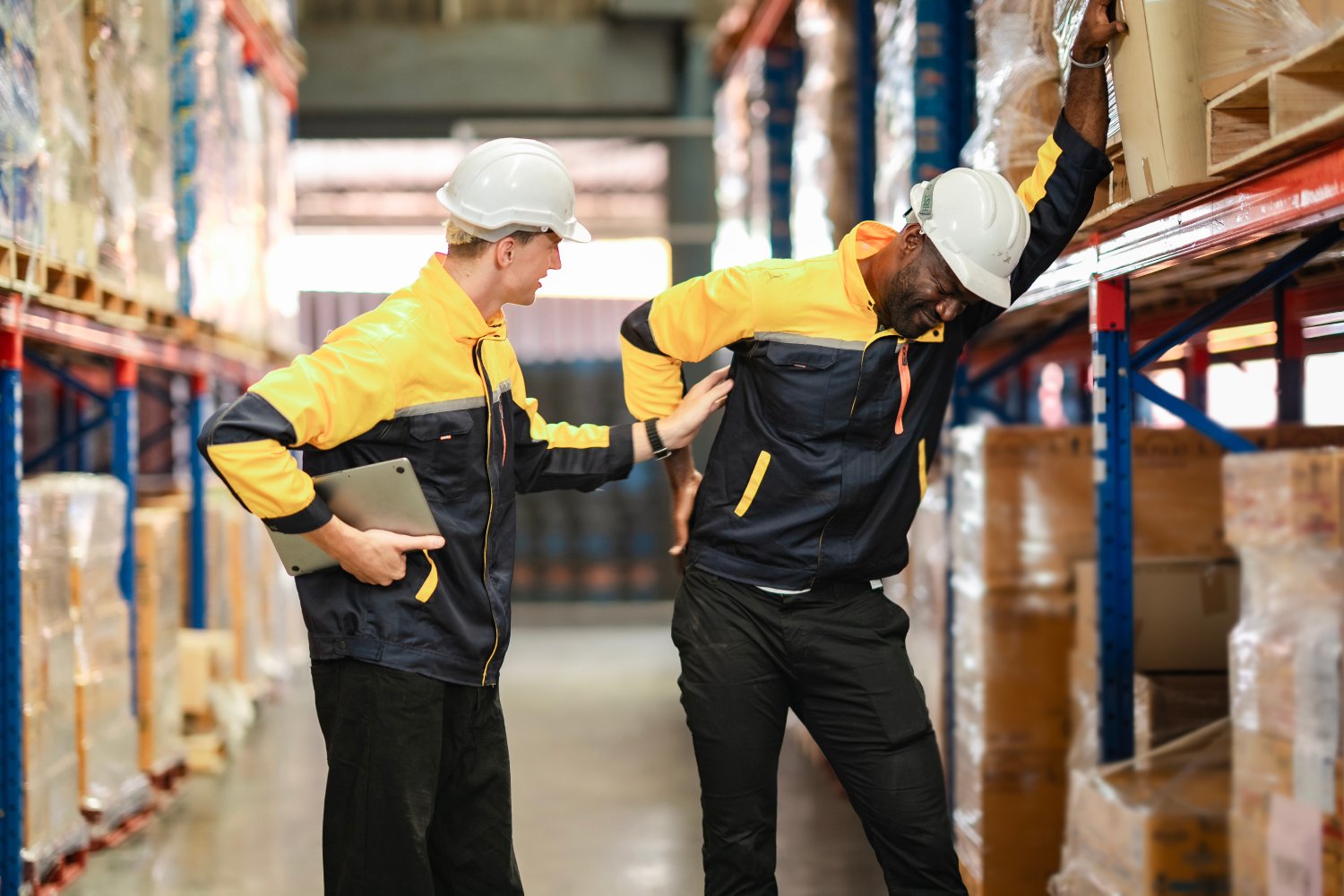 A man holds his lower back in pain after lifting a box, while a White coworker looks at him with concern