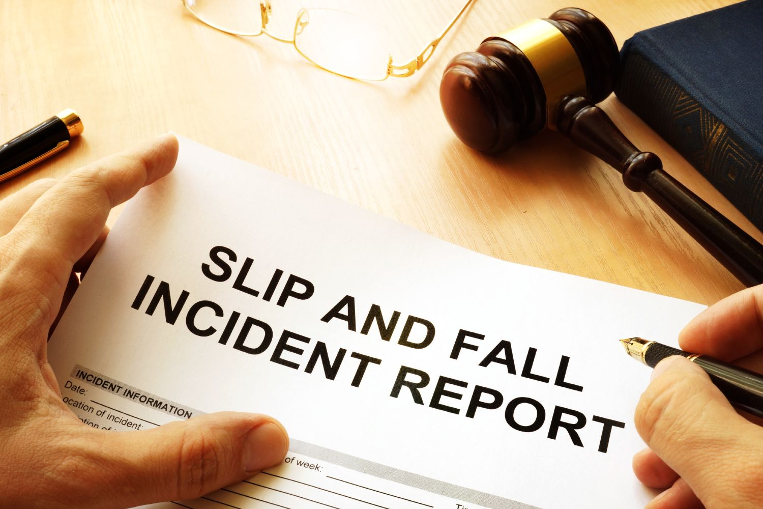 A hand holds a "Slip and Fall Incident Report" form with a pen nearby, surrounded by a gavel, glasses, and a closed book on a desk.