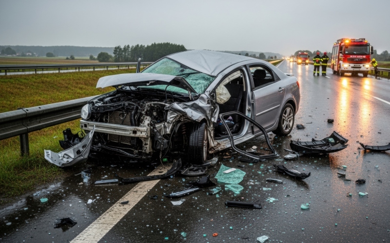 A silver car with severe front-end damage is on a wet highway. Debris is scattered around. Emergency personnel and vehicles are in the background, under an overcast sky.