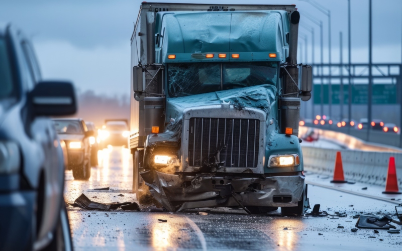 A damaged semi-truck with a crumpled front is stopped in the middle of a wet road. Nearby, traffic cones divert oncoming cars. The scene suggests a recent accident.