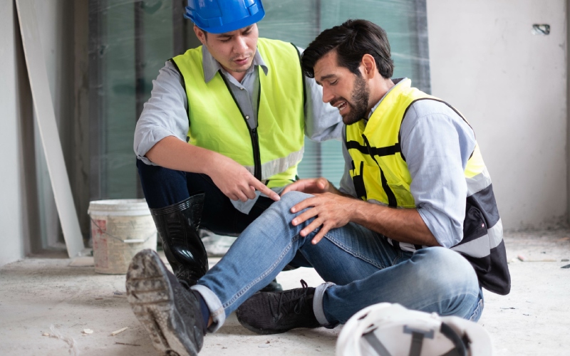 A construction worker in a blue hard hat assists a colleague sitting on the floor, clutching his knee in pain. Both wear yellow safety vests.